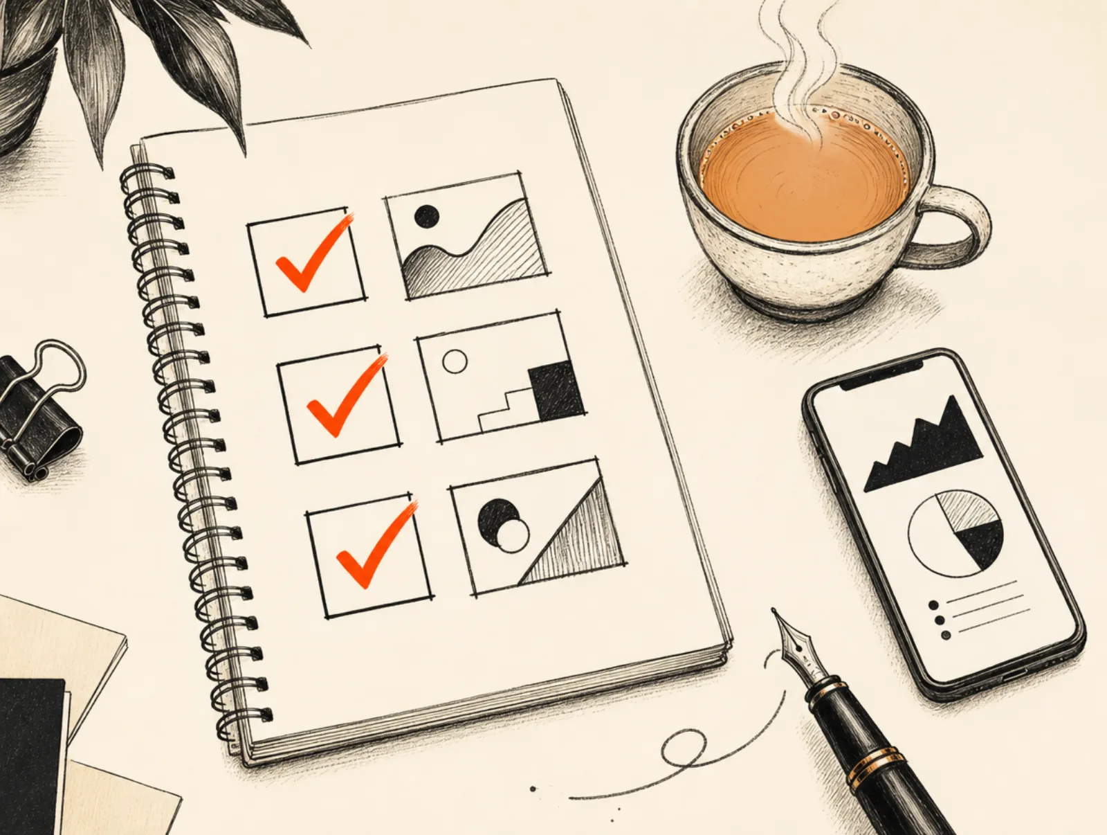 D2C founder reviewing a creative ad agency shortlist with a notebook, chai cup, and laptop showing creative samples, sketch-style editorial illustration