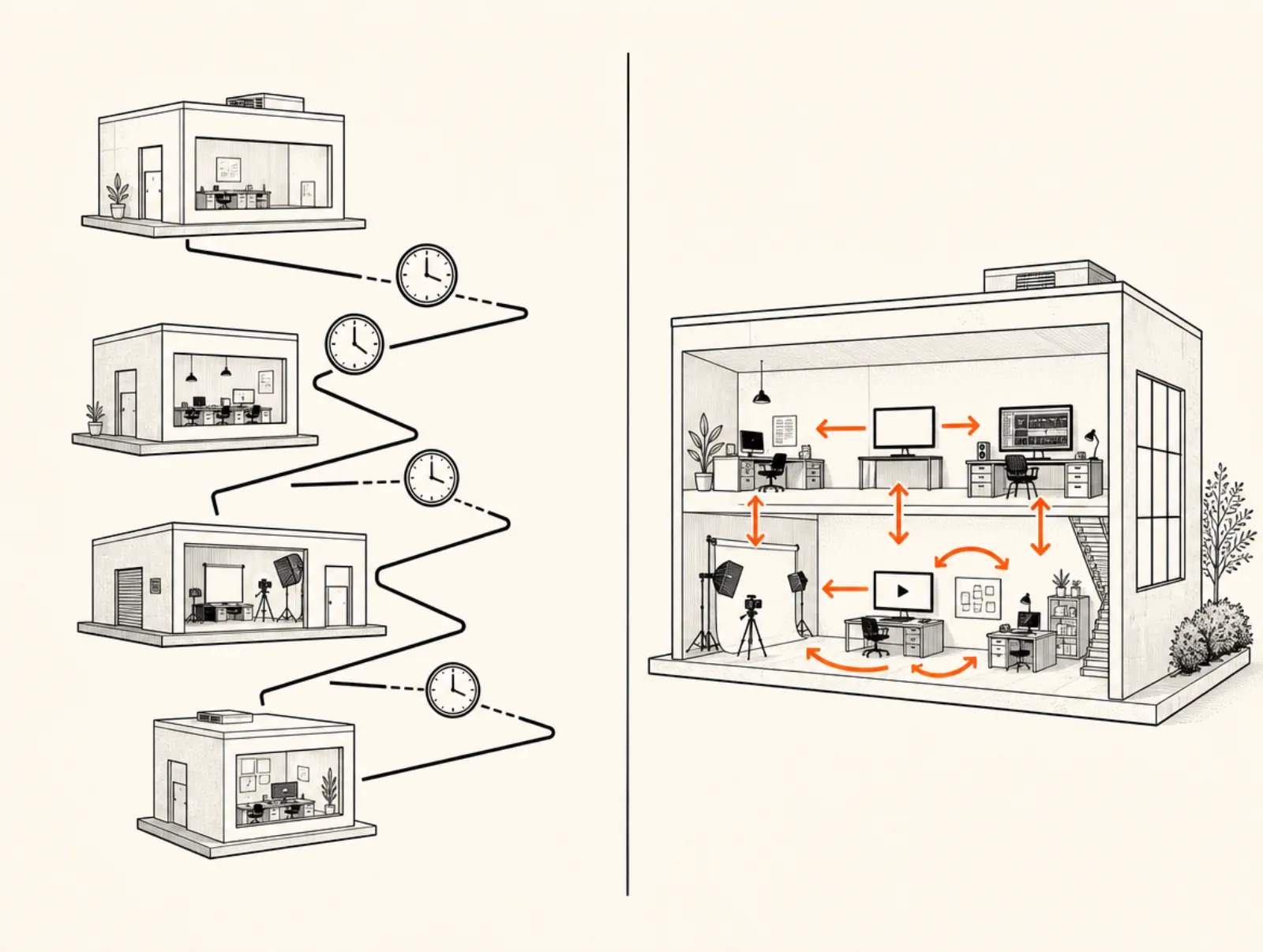 Diagram comparing the in-house creative production model used by Iblix Digital versus the outsourced production model used by most Indian creative ad agencies, showing handoff points and time-to-first-cut