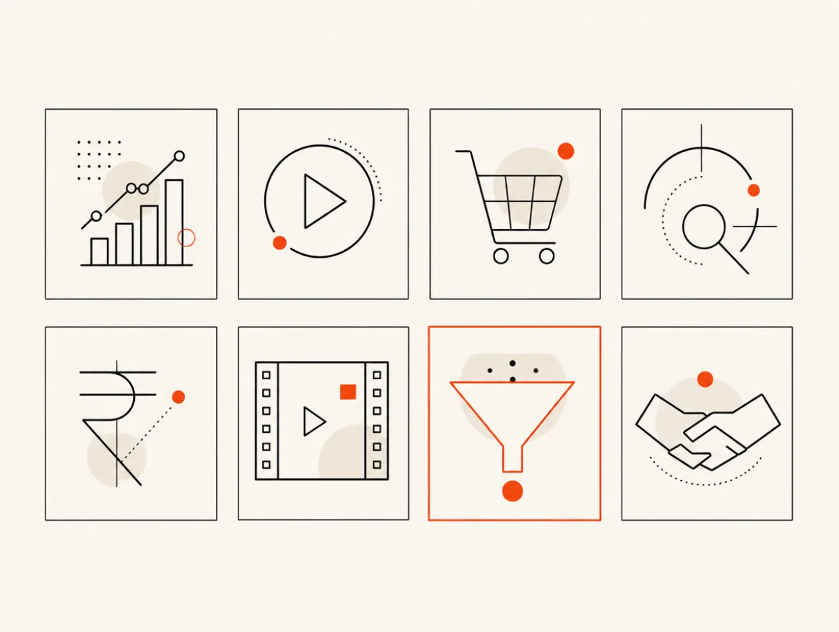 The 8 pillars of D2C marketing in India 2026 — performance media, creative, Shopify, SEO, influencer, lifecycle, marketplace, attribution — in a radial diagram