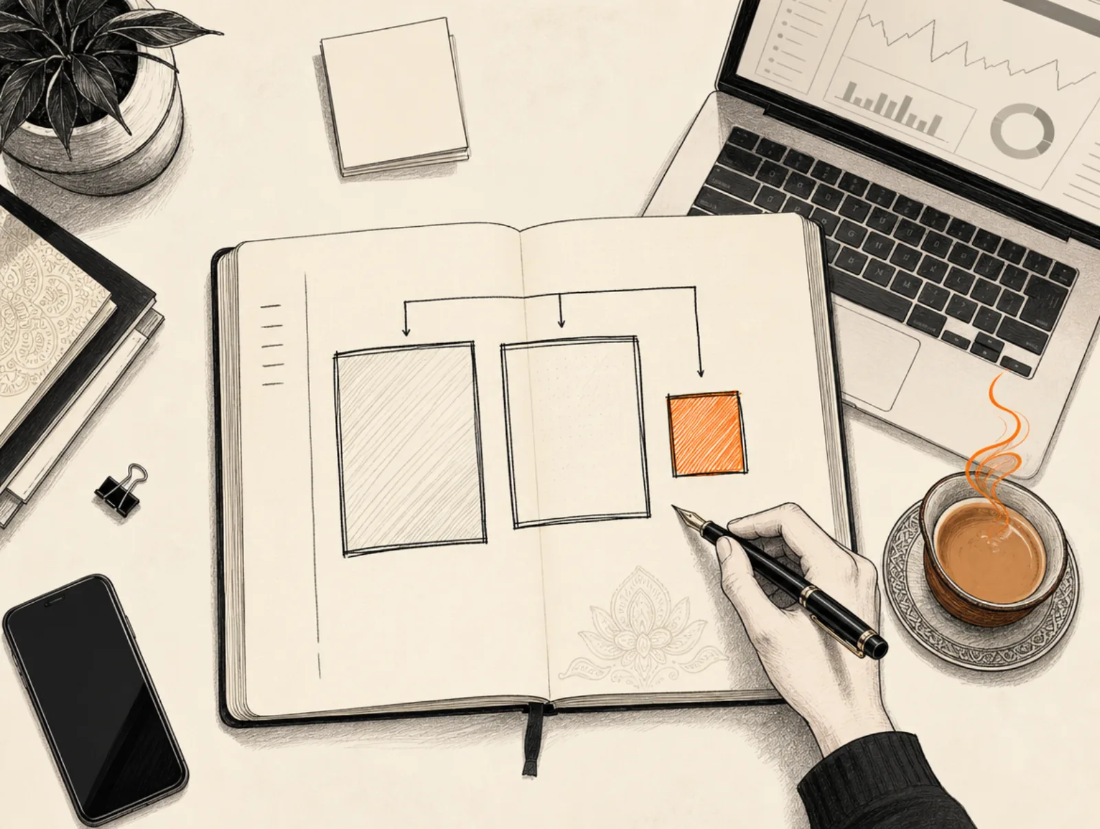 D2C founder reviewing a 2026 media plan with budget allocated across Meta, Google, and JioHotstar, sketch-style editorial illustration