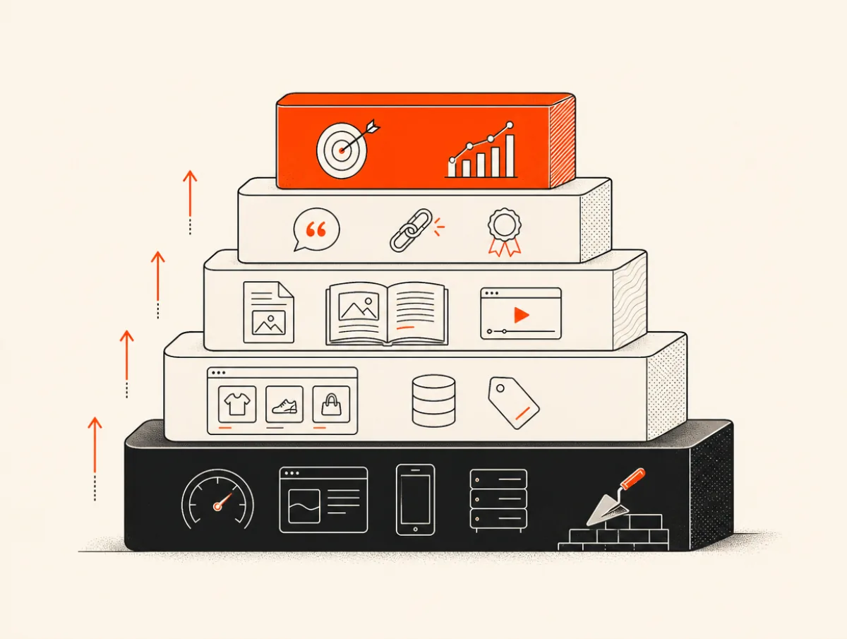 The 5-layer Shopify SEO stack diagram — technical foundation, on-page, content, backlinks, and measurement — stacked vertically for D2C brands